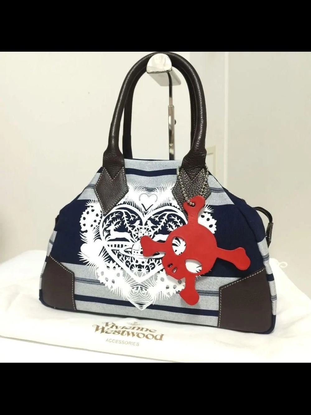 Vivienne Westwood Navy Stripe Heart Print Tote with Red Skull Charm